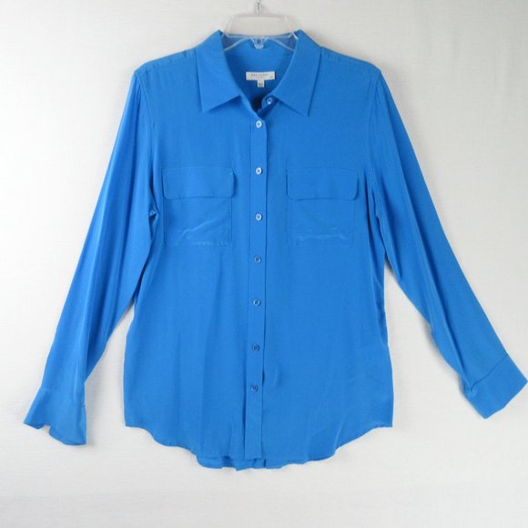 Equipment Tops - Equipment Bright Blue Silk Blouse Size L Curved Hem